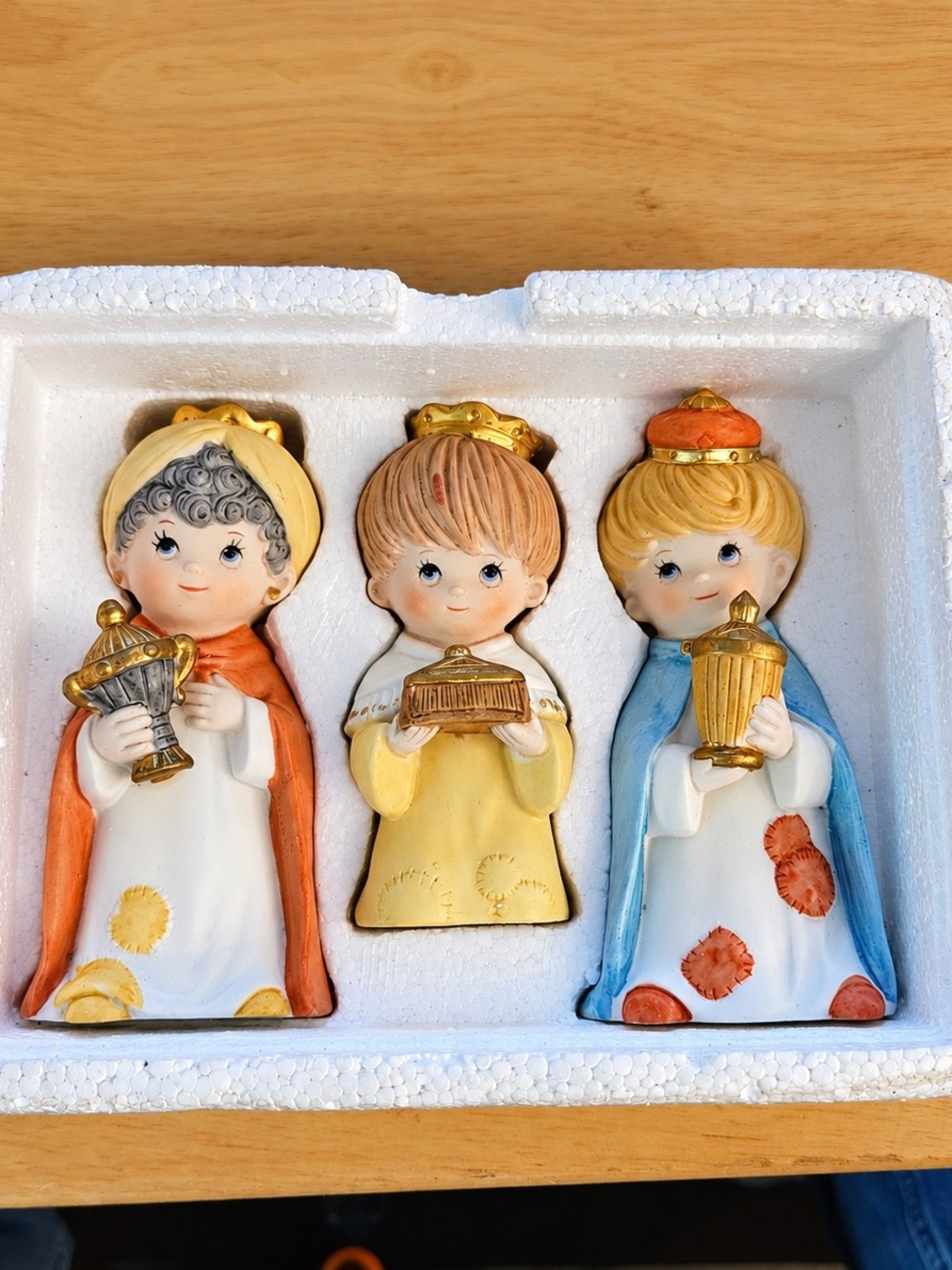Three Nativity Gift Bearer Figurine Set - Orange, Yellow, Blue